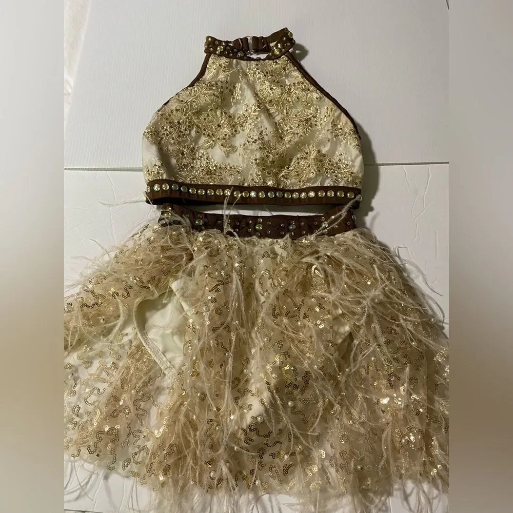 Glamour solo dance costume 2 piece cream tan feather embellished SA adult